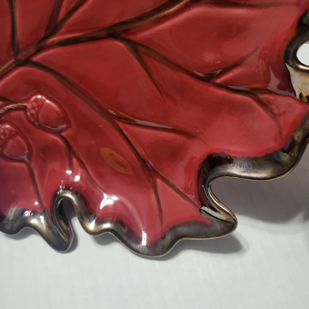 Stoneware Hand Painted Red Leaf bowl with gold trim